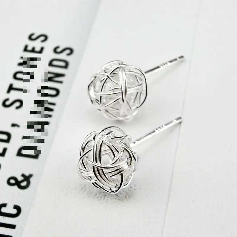 Fashion Personality Silver Hollow Winding Skein Small Earrings Handmade Line Ball Brilliant Creative Students Small Jewelry Gift