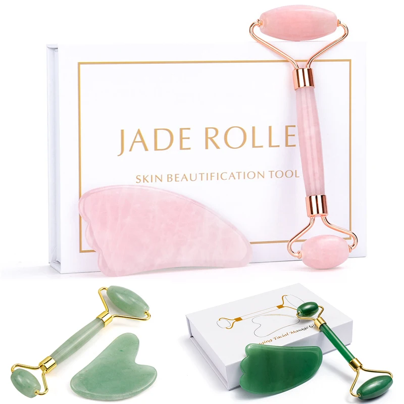 Natural Rose Quartz Jade Roller Gua Sha Scraper Set Facial Massager Roller Jade Stone Guasha Face Lift Skin Care Massage Tools