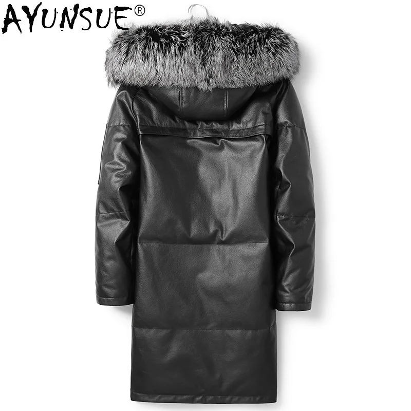 Genuine 2021 Cowhide Leather Jacket Men Hooded Raccoon Fur Collar Coat for Men White Duck Down Parkas Jaquetas Gxy263