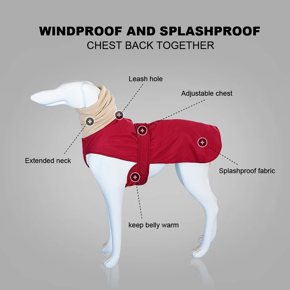 Winter Warm Dog Clothes Waterproof Thick Dog Jacket Clothing Red Black Dog Coat with Leash Hole for Medium Large Dogs Greyhound