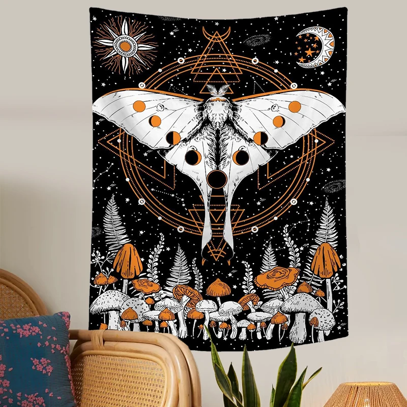 Floral Moon Tapestry Mushroom Trippy Moth Wall Hanging Moon Phase Celestial Star Tapestries Room Bedspread Throw Cover Decor