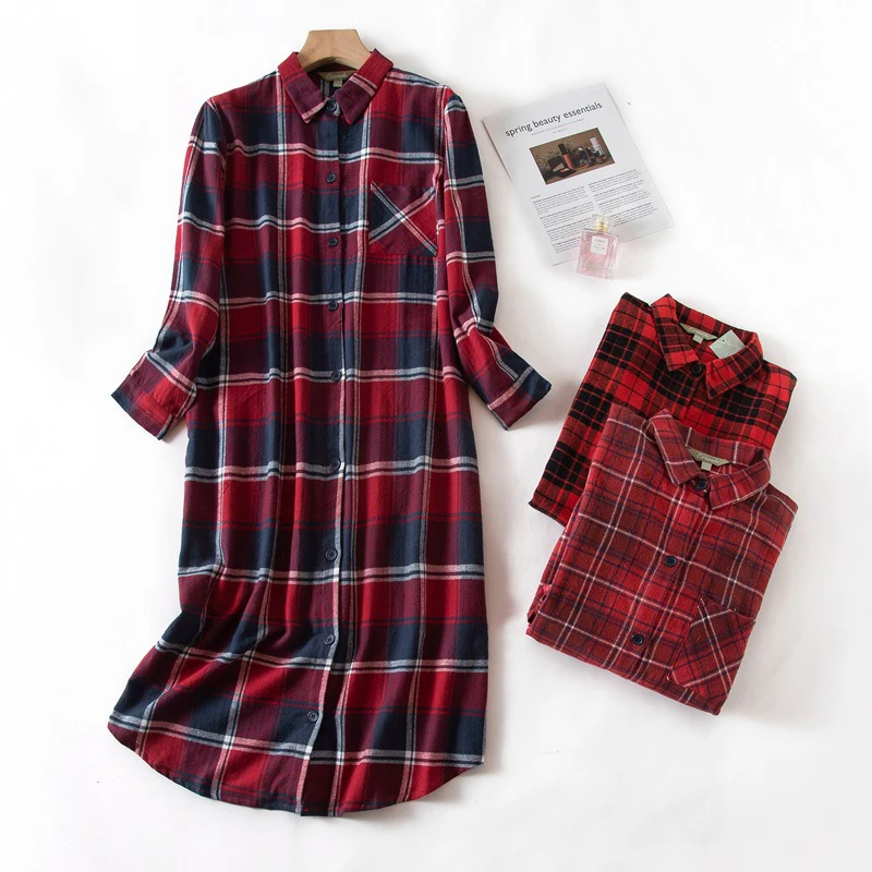 Autumn and Winter Long Checkered Nightdress Cotton Cardigan Home Loose Pijamas Ladies Home Sexy Nightwear Red Sleep Shirts