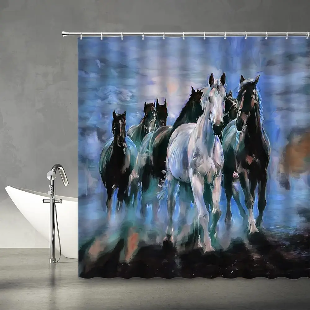 Running Horse Shower Curtain Animal Country Unique Oil Painting Abstract Art Dynamic Fabric Bathroom Decor Curtain Set With Hook