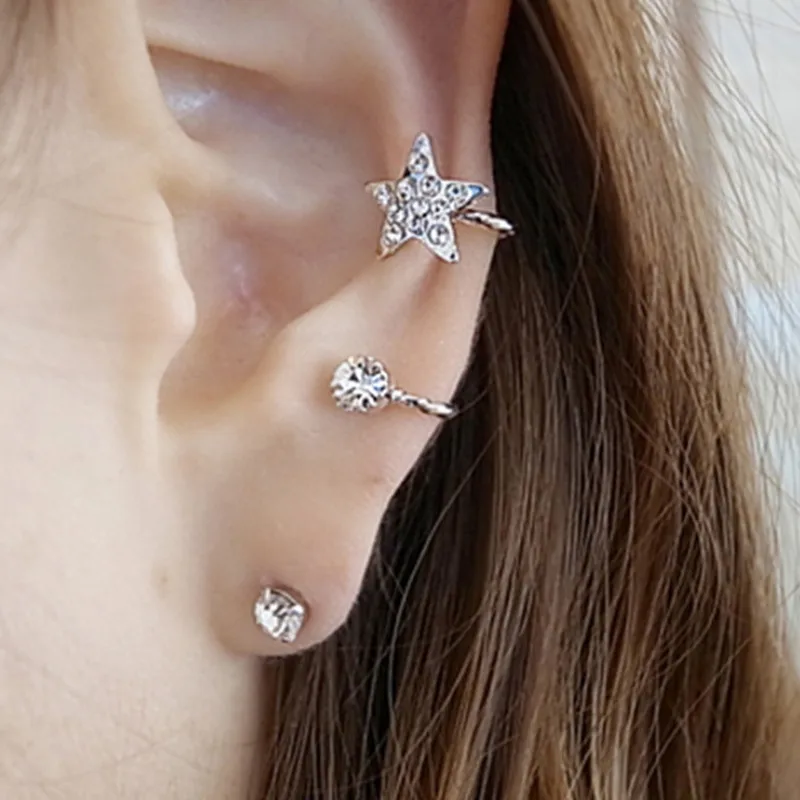 Earrings For Women Metal Ear Cuff Ear Crystal Clip For Stud WomenPierced Small Earcuff Ear Wrap Bone Ear Clips Star Type Jewelry