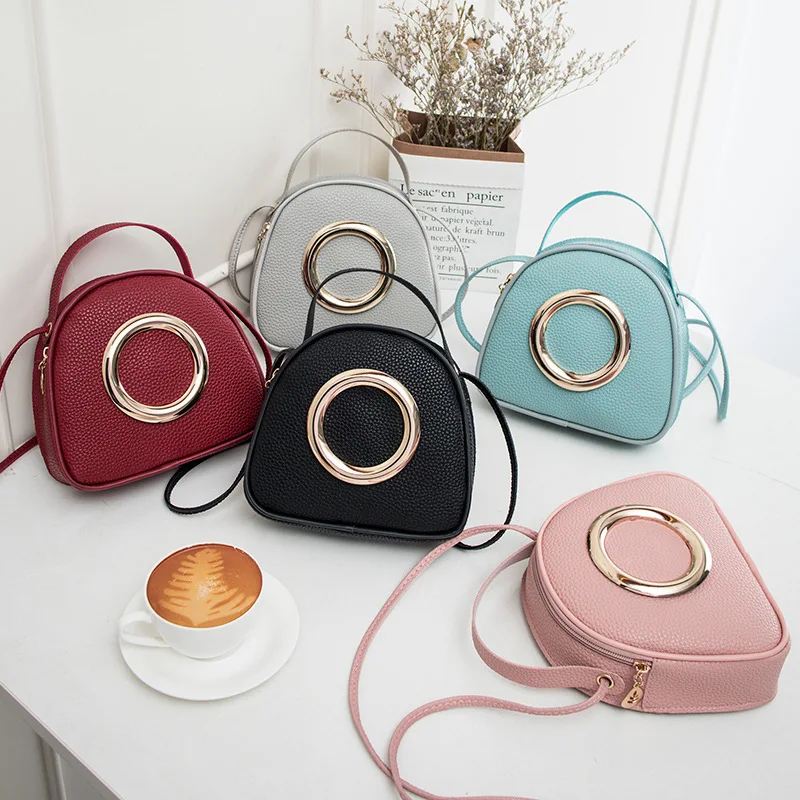 

Lychee Pattern Small Circular Bags Solid Color Shoulder Bag Fashion Soft PU Leather Crossbody Bags Lady Simple Casual Handbags