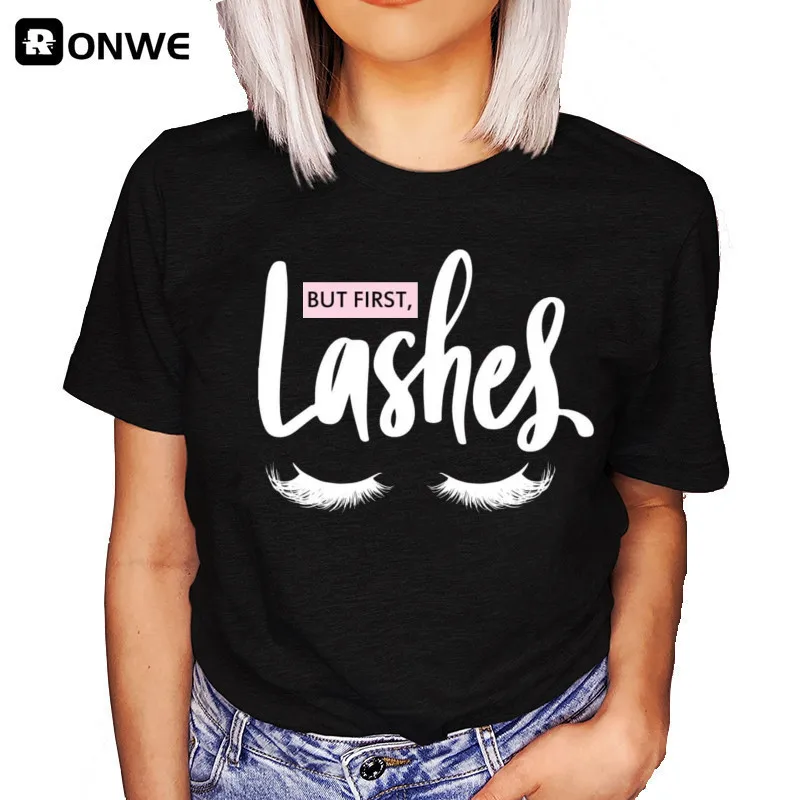 Camiseta con estampado de dibujos animados para mujer, Camiseta con estampado de pestañas y maquillaje, camisetas con estilo, ropa para mujer 2021