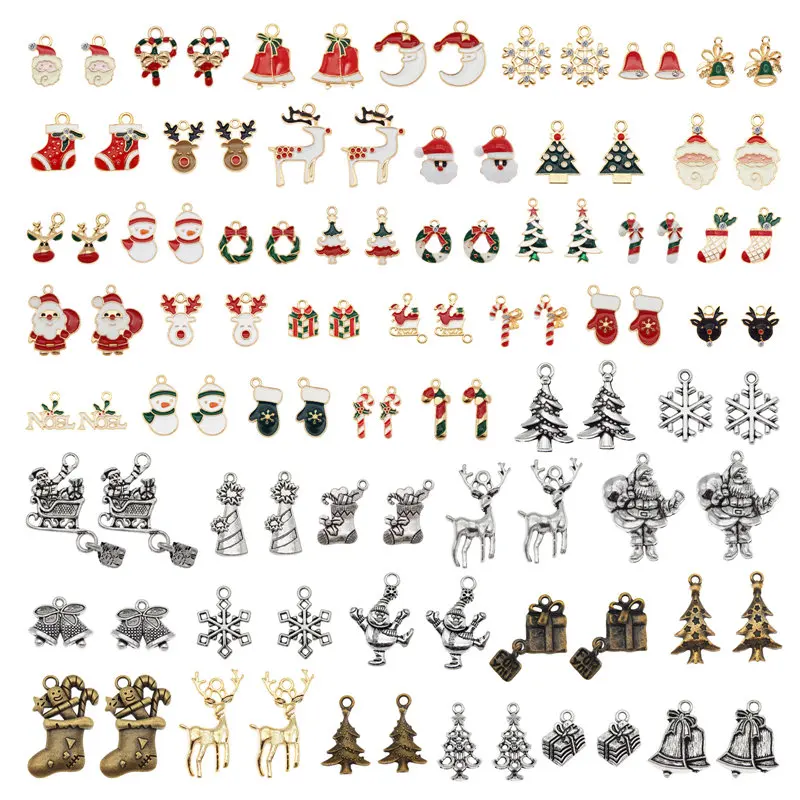 Julie Wang 10PCS Christmas Charms Random Mixed Enamel And Alloy Santa Claus Tree Bell Hat Pendant Jewelry Making Accessory