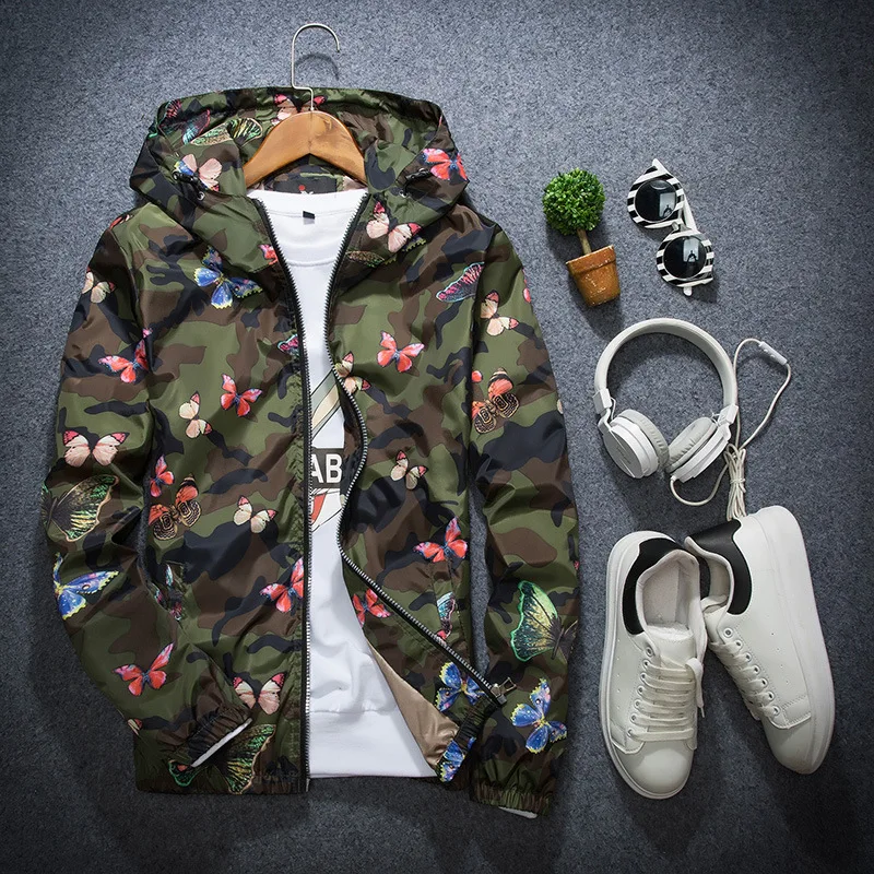 Mens Casual Camouflage Hooded Jacket Autumn Butterfly Print Clothes Men\'s Hooded Windbreaker Coat Male Outwear