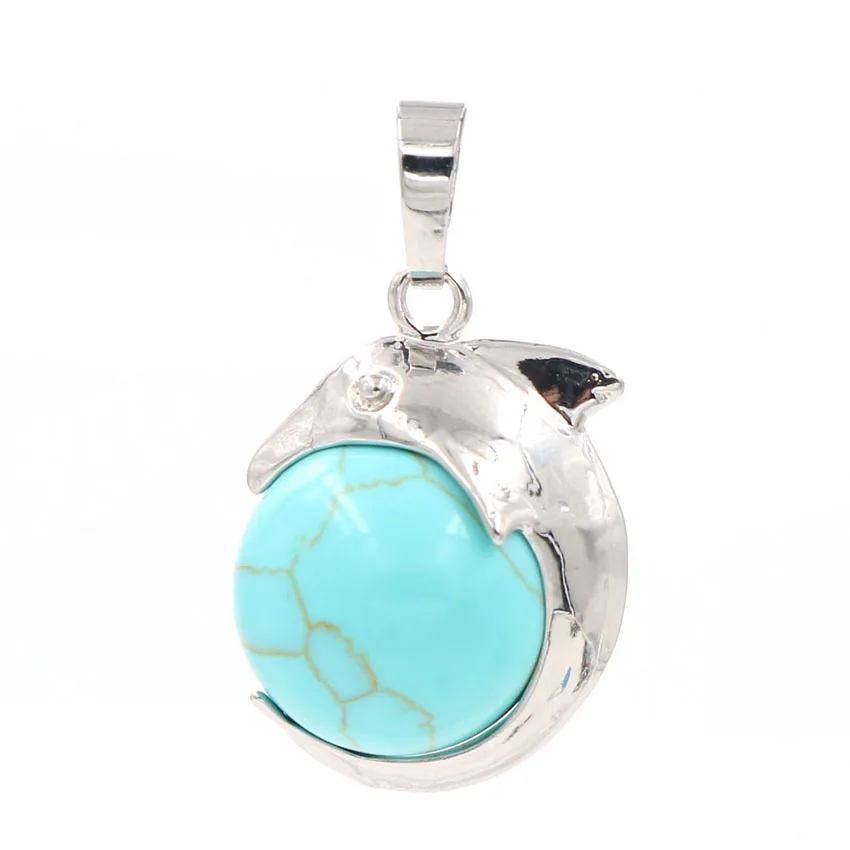 FYSL Silver Plated Lovely Dolphin Wrap Green Turquoises Stone Bead Pendant for Gift Cherry Quartz Jewelry