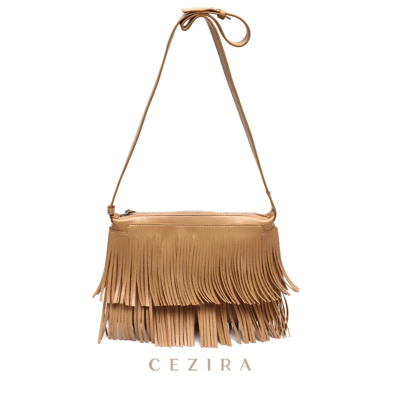 CEZIRA Bohemia Tassel Fringe Ladi Side Bags Vegan Leather Stylish Designer Girl Small Crossbody Bag Zip Envelope Clutch Purse