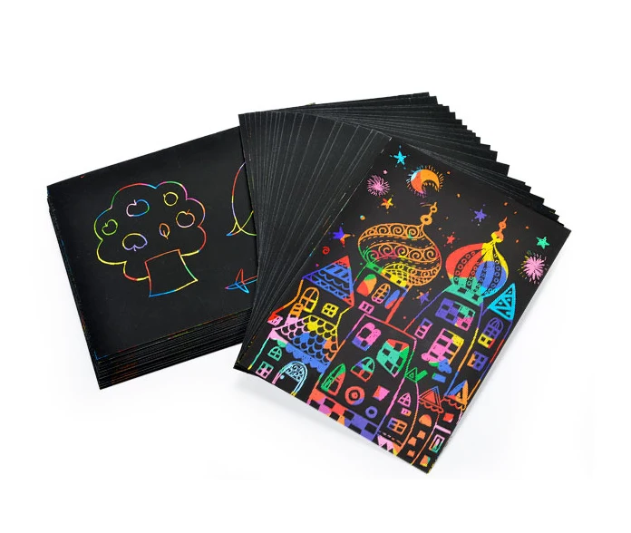 Magic Color Rainbow Scratch Art Paper Card Set with Graffiti Stencil for Drawing Stick DIY Art Painting Toy for Children GYH