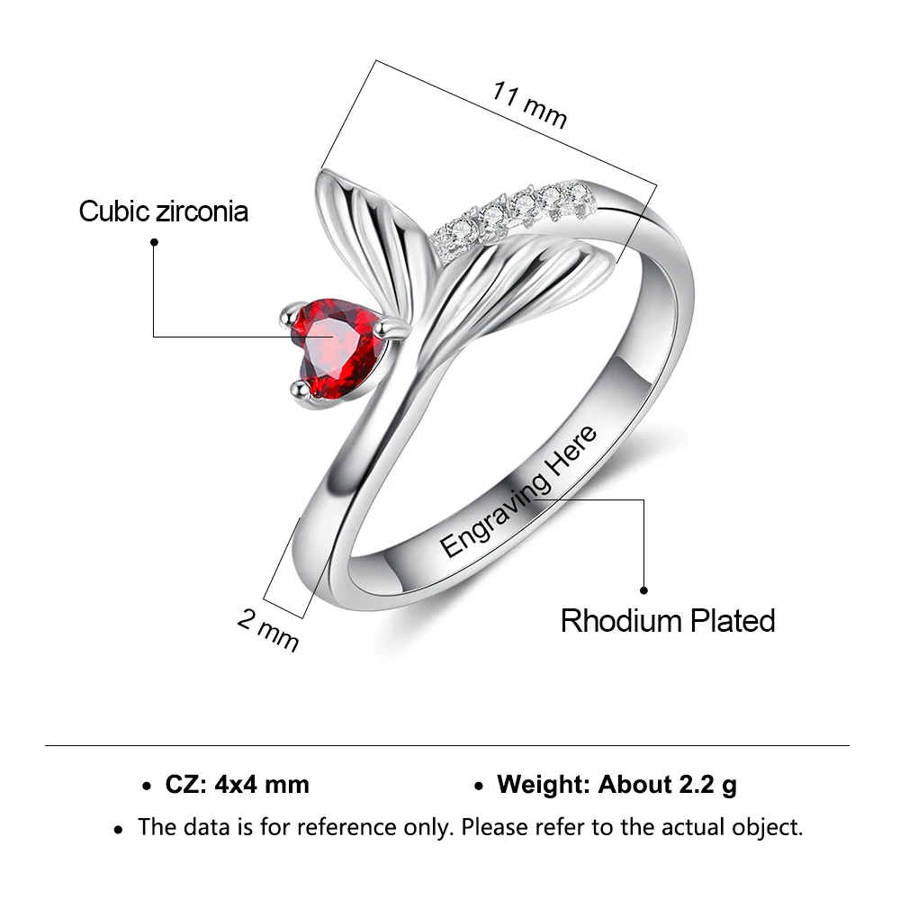 JewelOra Personalized Birthstone Fish Tail Rings for Women Customized Heart Stone Engraved Ring Christmas Birthday Gifts