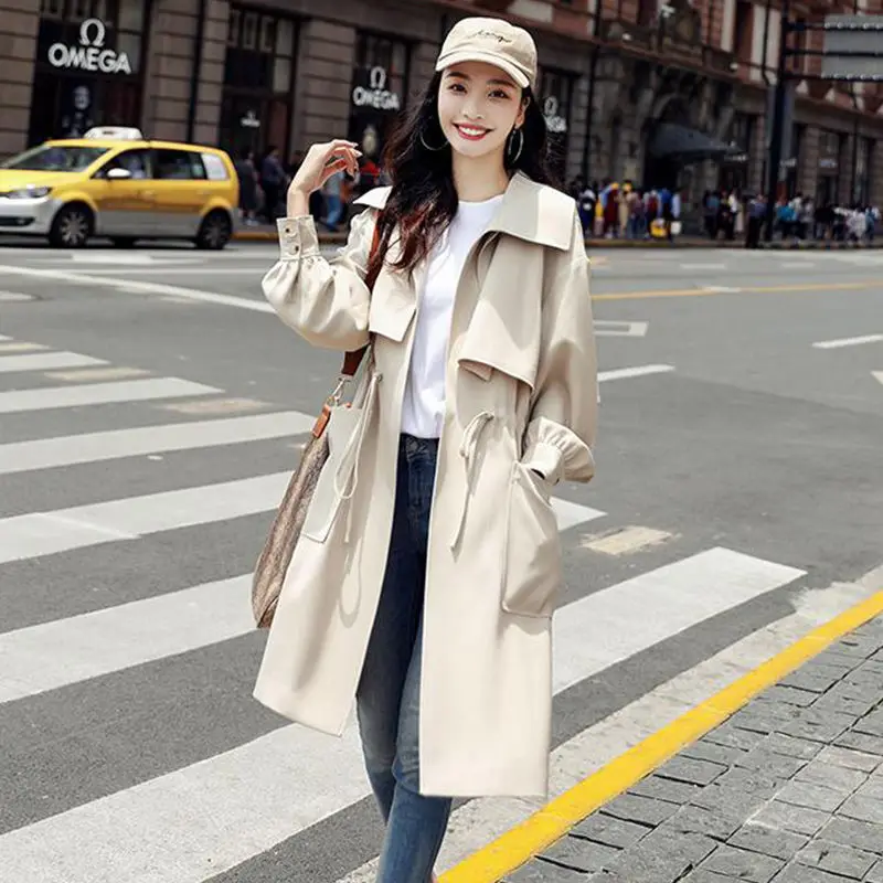 

Lining The Spring Autumn New Jacket Korean Fashion Thin British Style Coat Waist Was Thinner Mid-length Women Windbreaker W1