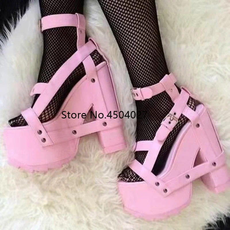 Pink Wedge Heels Ankle Strap Shoes For Women Platform High-heeled Sandals Buckle Cut-outs Summer Shoes Sale