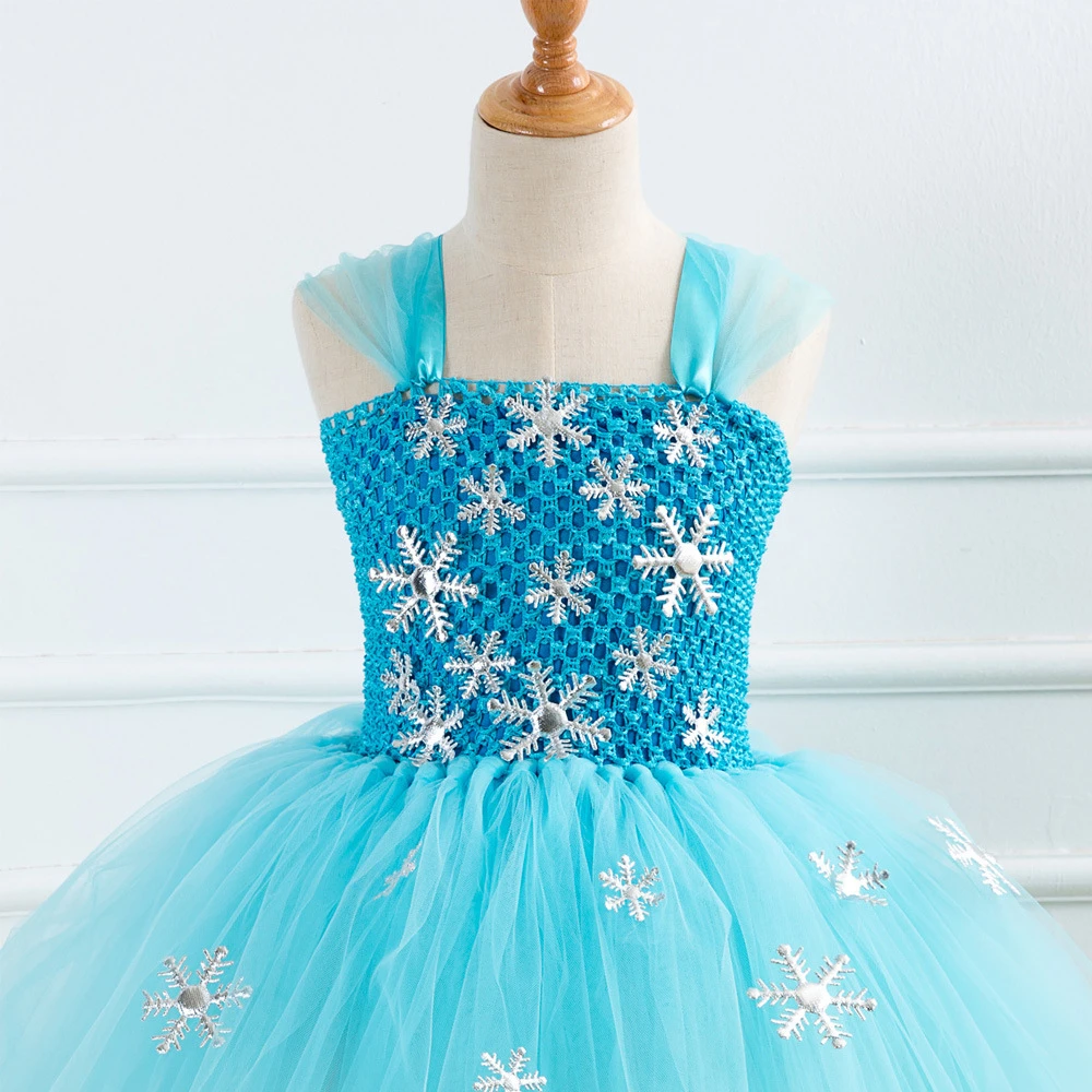 Blue Princess Elsa Dress for Girls Snow Queen Tutu Dress Up Costumes for Kids Girl New Year Clothes Snowflake Christmas Outfits