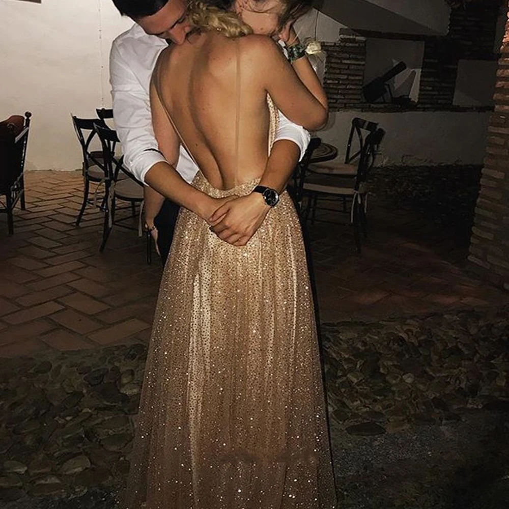 Seksowne suknie wieczorowe Backless Spark cekiny linia dekolt złota z cekinami Party długa suknia balowa vestido de formatura wieczór