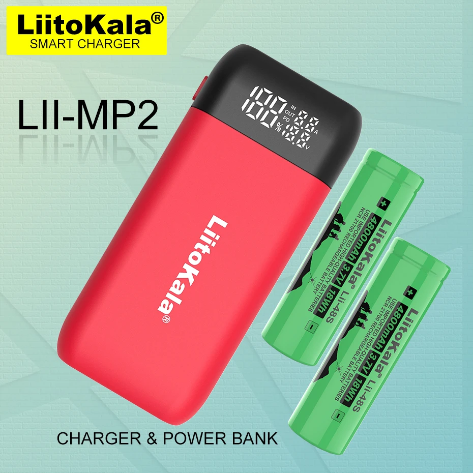 

LiitoKala Lii-MP2 18650 21700 Charger&Power Bank QC3.0 Input/Output Digital Display.+ 2PCS Lii-48S Rechargeable Battery