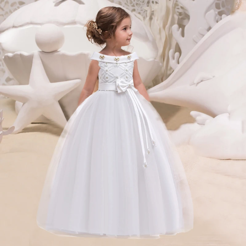 Summer Pink White One Shoulder Long Bridesmaid Dress Girl Bow Gown Kids Clothes For Children Princess Party Wedding Vestidos