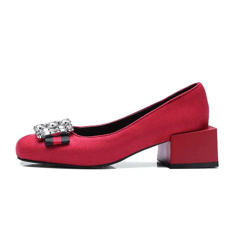 Phoentin strass tacco alto pompe flock slip-on scarpe da donna piazza talloni Delle Signore anti-slip mocassini giallo rosso più il formato FT746