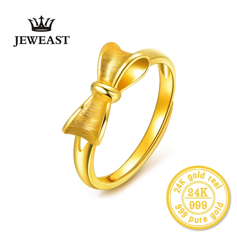 HMSS 24K Gold Pure Real Solid Au999 YELLOW Opening Cartoon Mini Bowknot  Female Ring Gift As Girlfriend Exquisite Fashion Ring