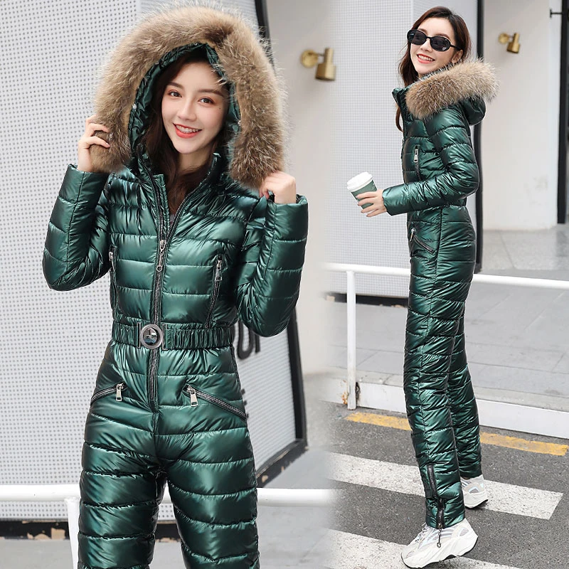 One Piece Ski Suit Women Winter Fur Hooded Jumpsuit Cotton Padded Parka Jumpsuits Zipper Overalls Tracksuits Jacket Pants