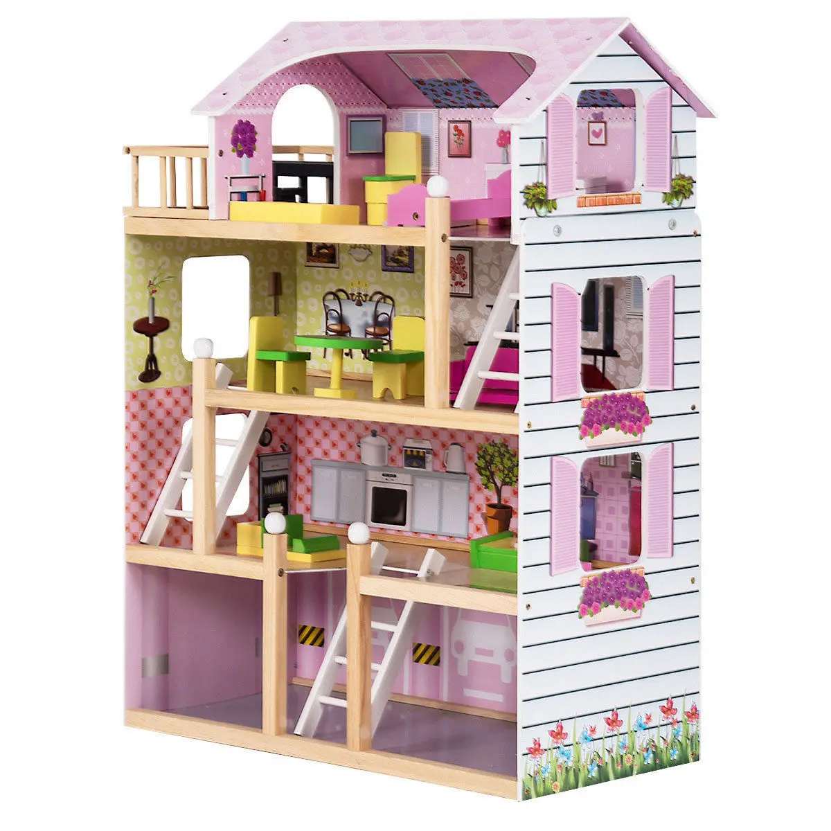 Doll Cottage Dollhouse with Furniture Kids Toy Wood House Playset Children Gift