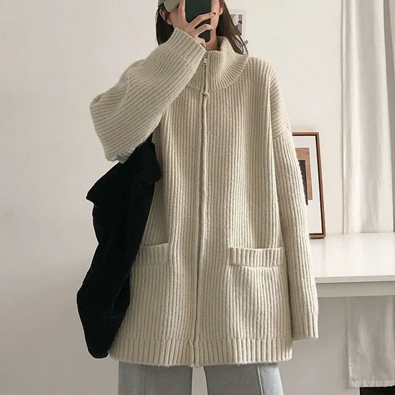 

Outwear Tops Solid Sweater Women 2021 New Autumn Winter Elegant Lapel Thick Warm Knitted Cardigan Female Sweaters