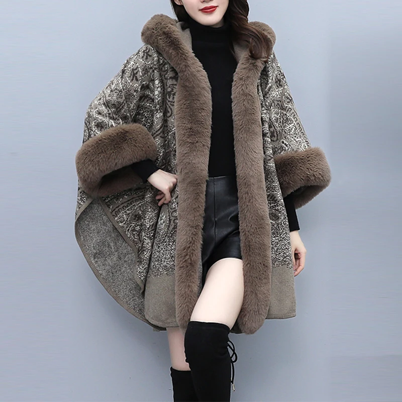 Autumn Winter Faux Fur Woolen Cloth Shawl Cape Poncho Thickened Women Mid-length Korean Cashmere Hooded Ladies Cape Coats