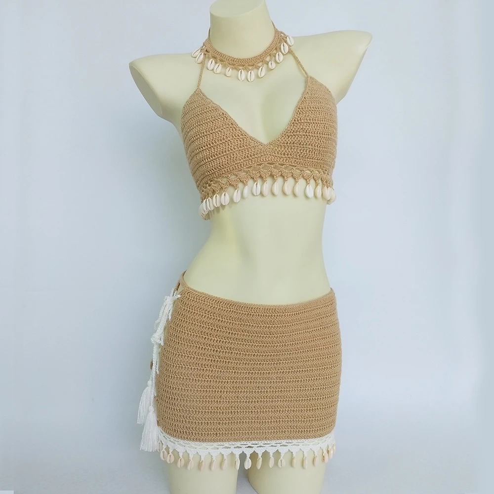 Fashion Shell Set 3 Piece Bikini Set Woman Fringed Crochet Bikini Top Sexy Beach Dress Lace Mini Skirt and Shell Necklace