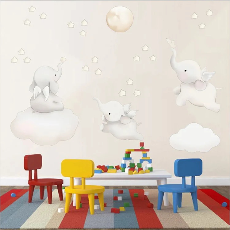 Cartoons Baby-Elefant-Sterne-Wandaufkleber für Kinderzimmer, Hintergrund für Heimdekoration, Schlafzimmer-Tapete, niedliche Tier-Aufkleber – Detail 6