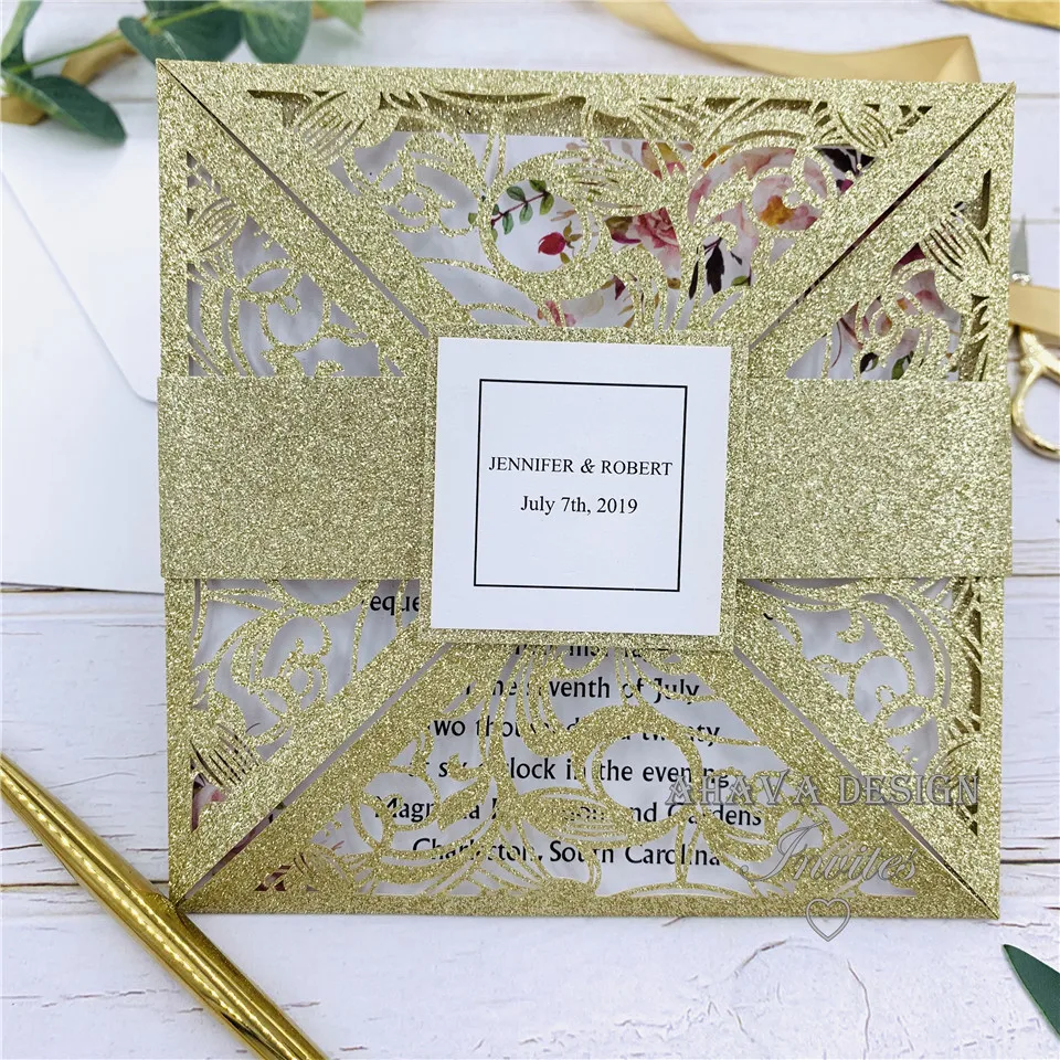 Elegant Glitter Champagne Square Laser Cut Invites,  Customizable Invite With Belly Band & Envelope