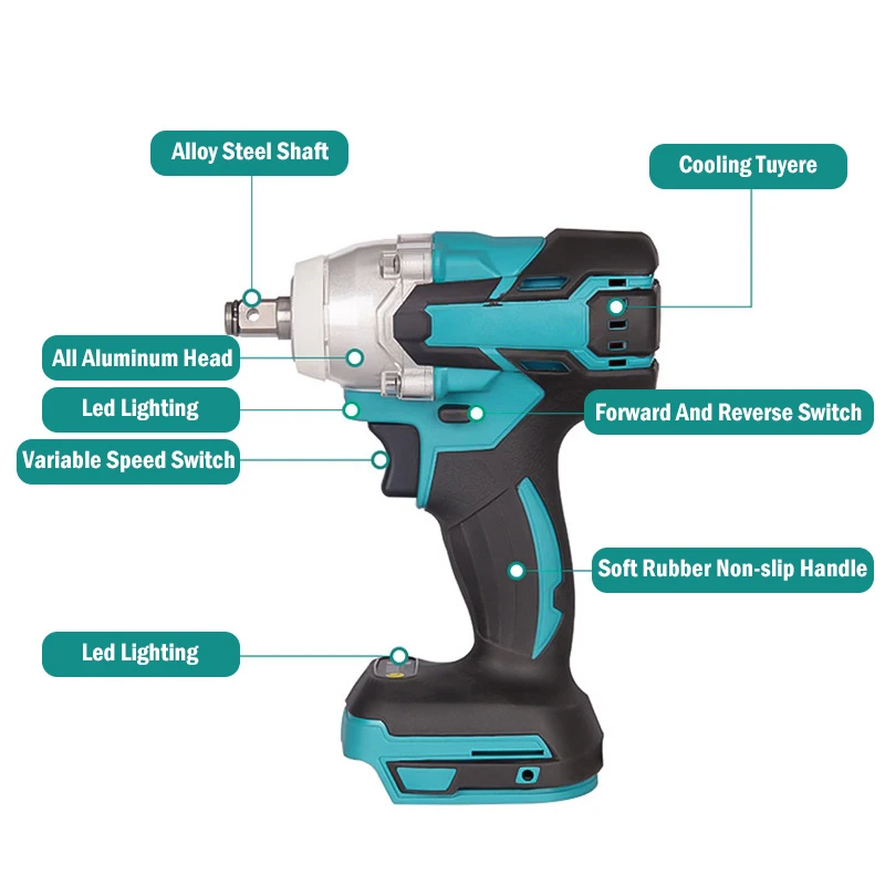 18V Brushless Cordless Electric Impact Wrench Rechargeable 1/2 inch Wrench Power Tools Compatible for Makita 18V Battery