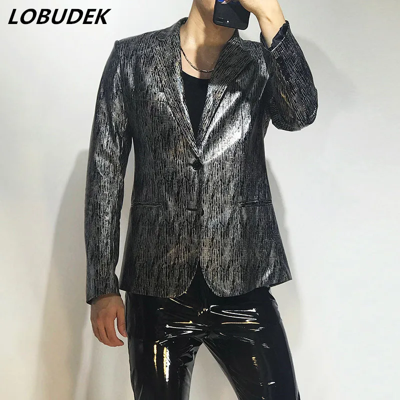 Plus Size Men's Glitter Silver Laser Blazer Nightclub Host Hair Stylist Coat Singer Performance Stage Costume