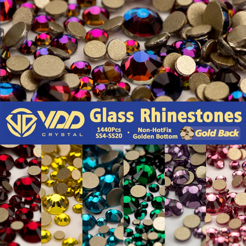 VDD 1440Pcs SS4-SS20 Glass Crystal Non-Hotfix Rhinestones Gold Flatback Decor Glitter Stones Nail Art Accessories DIY Decoration