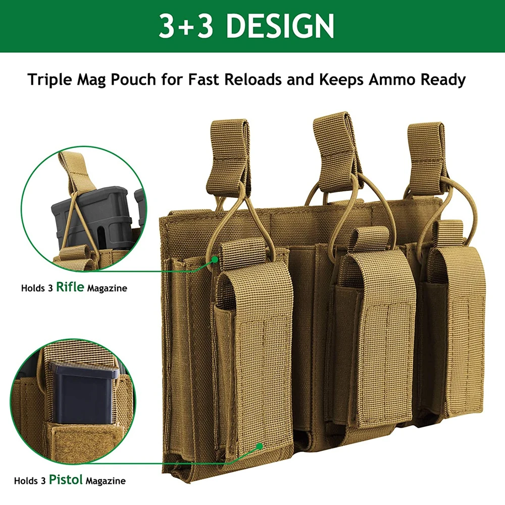 Tactical Triple Molle Mag Pouch 2-Layer Open-Top Rifle Pistol Magazine Pouch Cartridge Holder Carrier for M4 M14 M16 AK AR Glock