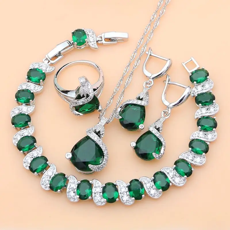 

925 Silver Jewelry Sets Green CZ For Lover Earrings With Stone Turkish Decorations Dropshipping