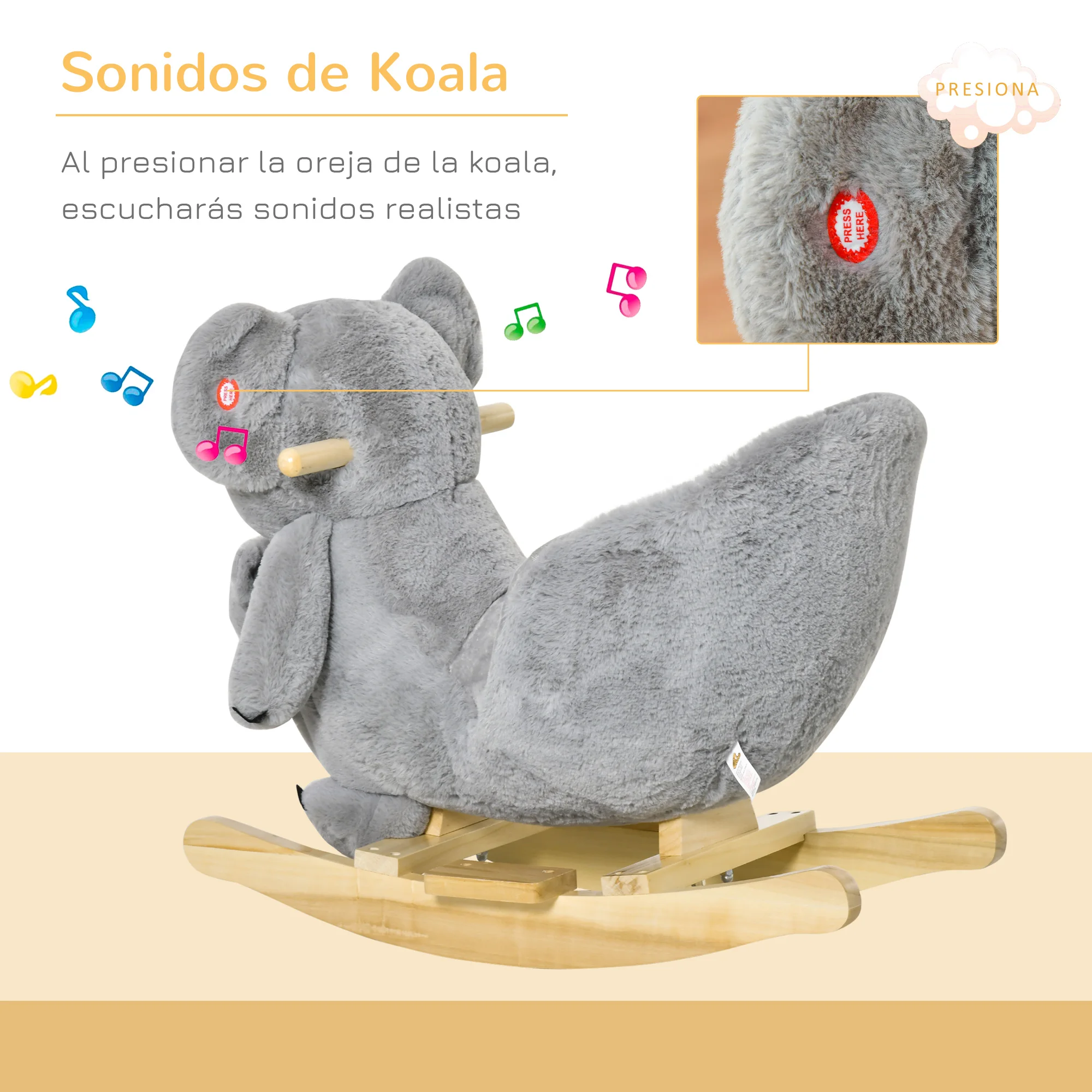 Imagen 4: HOMCOM Caballito Balancín Koala para Bebés 18-36 Meses con Sonidos 68x35x50 cm