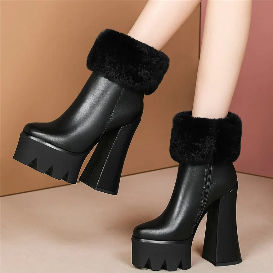 2021 Winter Warm Rabbit Fur Casual Shoes Women Genuine Leather High Heel Snow Boots Female Round Toe Chunky Platform Pumps Shoes