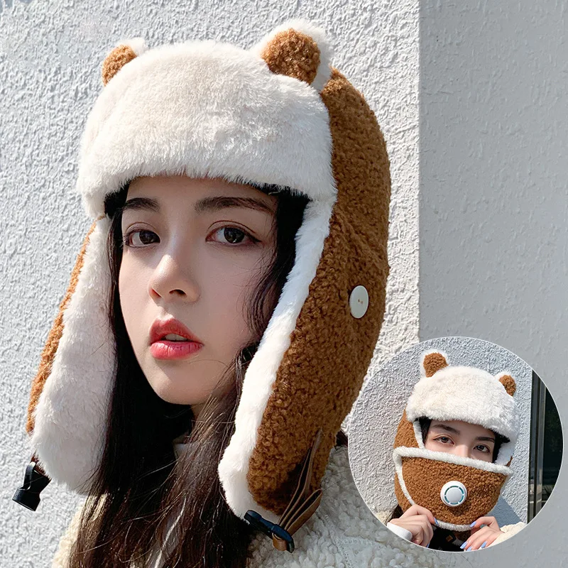 W01 Hat Women\'s Winter Thicken Winter Hat Lei Feng Cap Ushanka Hat Cartoon Ears New 2021 Fashion Cold Cap Face Mask Pilot Cap