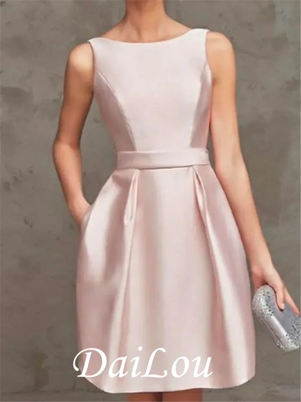 

A-Line Minimalist Graduation Cocktail Party Dress Boat Neck Sleeveless Short / Mini Satin with Pleats 2021