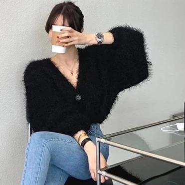 Korean Autumn Sweet Sexy V Neck Mohair Pink Knitted Sweater Crop Long Sleeve Cardigan Temperament Elegant All-match Solid