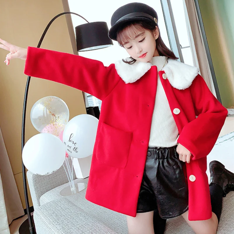 

Girls Baby's Kids Coat Jacket 2022 Vintage Red Warm Thicken Plus Velvet Winter Autumn Buttons Lamb Woolen Children's Clothes