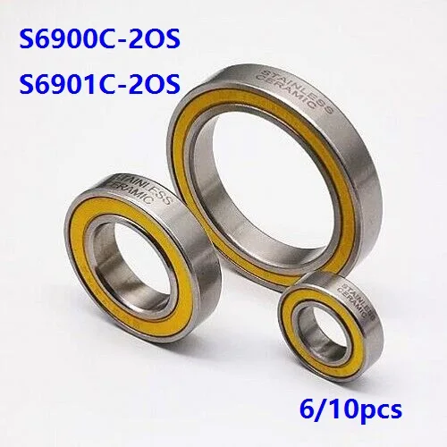 

6/10pcs S6900C-2OS 10x22x6mm S6901C-2OS 12x24x6mm ABEC-5 Stainless Steel hybrid Si3N4 ceramic ball bearings Bicycle Bearing