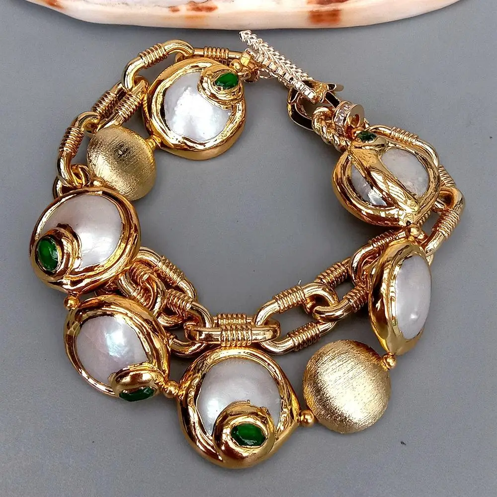 KKGEM  Necklace Gold Plated Chain  White Coin Freshwater Pearl With Electroplated Edge Cubic Zirconia Pave Beads Choker bracelet