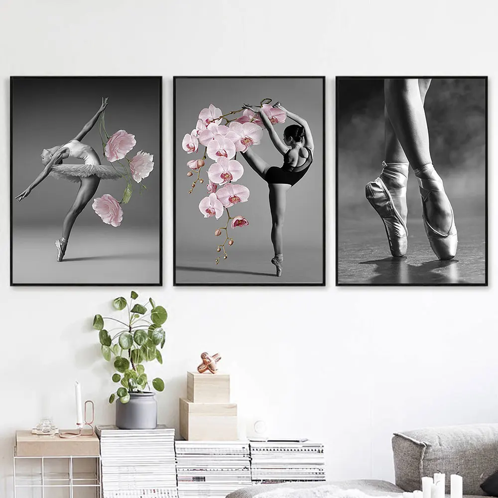 Image of Ballett Pose Leinwand Poster Malerei Rosa Blume Wand Bild Druck Schwarz Weiß Zimmer Dekorative Bild Dekor für Zuhause Ungerahmt