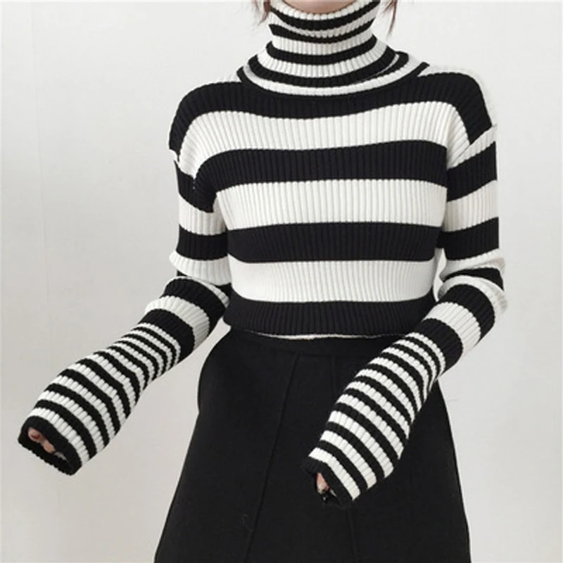 Turtleneck Women Striped Sweater 2021 Autumn Winter Korean Fashion Slim Pullover Basic Top Casual Soft Knit Sweaters Long Sleeve