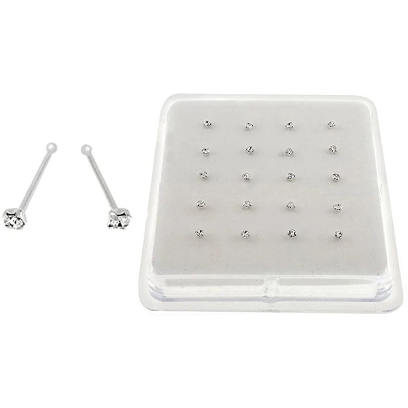 20 Pcs Straight Pin Nose Stud Nose Stud Box 2mm with End Ball Crystal Nose Piercing Body Jewelry Nose Studs Rings Piercing Pin