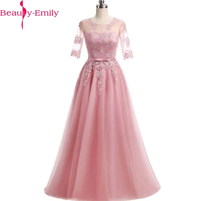 Fashion Evening Dresses Long Simple A-Line O Neck Half Sleeve Tulle Elegant Formal Party Dress with Appliques 8 Colors Available