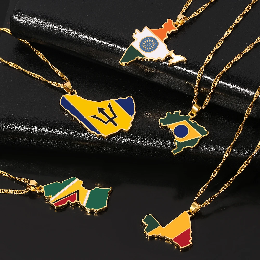 India Barbados Guyana Mali Brazil Map Pendant Necklace Women Men Gold Color Maps Hiphop Item Ethnic Jewelry 2022 Gifts