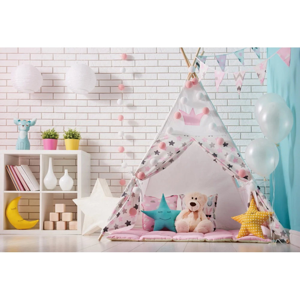 Laeacco compleanno Scenic Interior Baby Shower Photocall Poster muro di mattoni palloncini tenda sfondo fotografico fondali fotografici